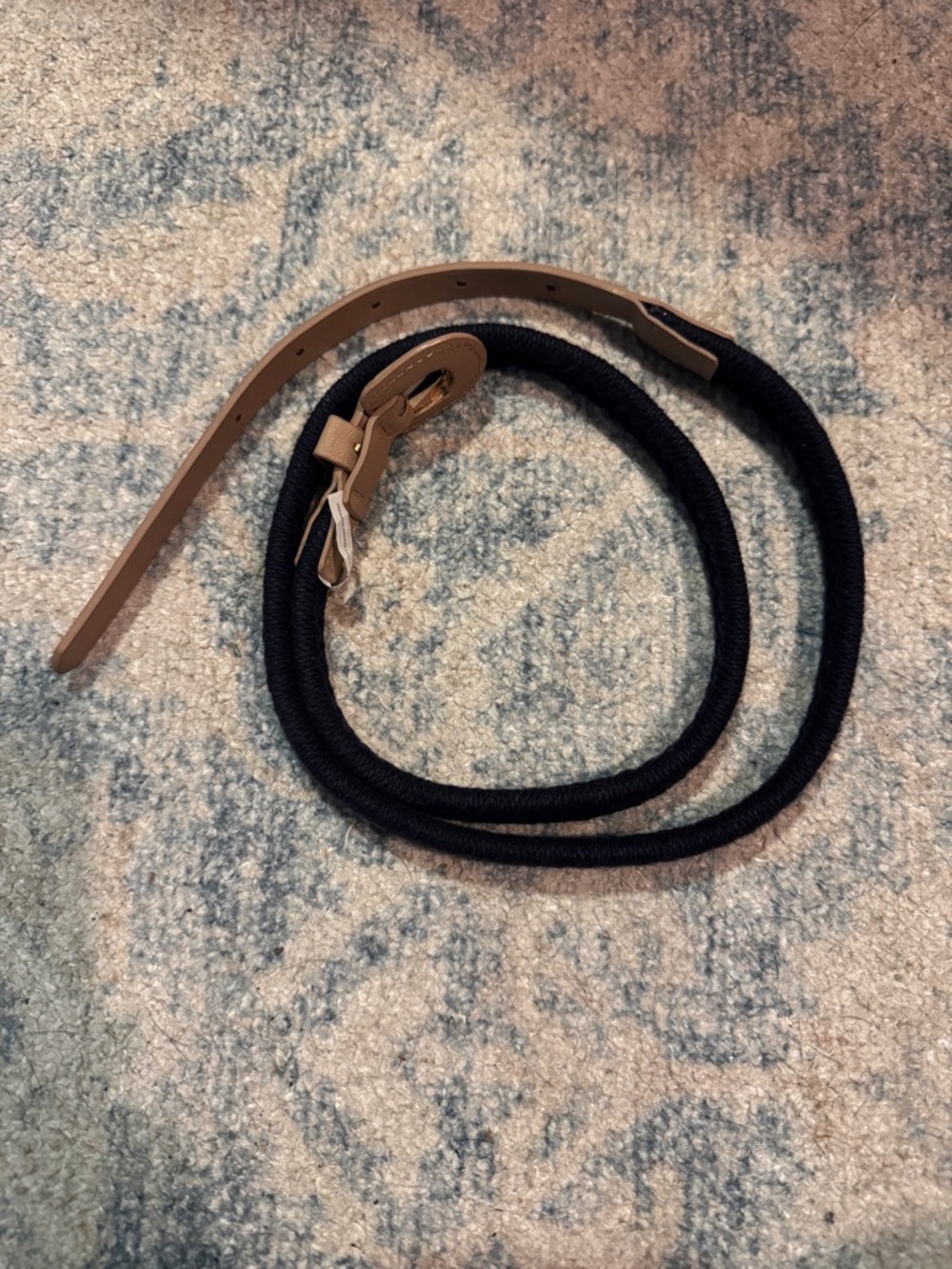 Source Unknown Black Rope Belt with Tan Leather Trim